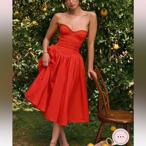House of CB ELIZABETH Italian Tomato Strapless Midi Sundress